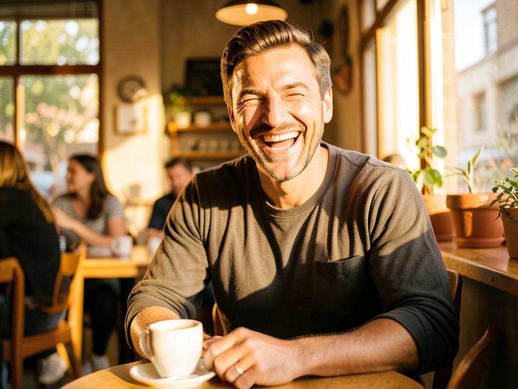 A man laughing in a sunlit cafe