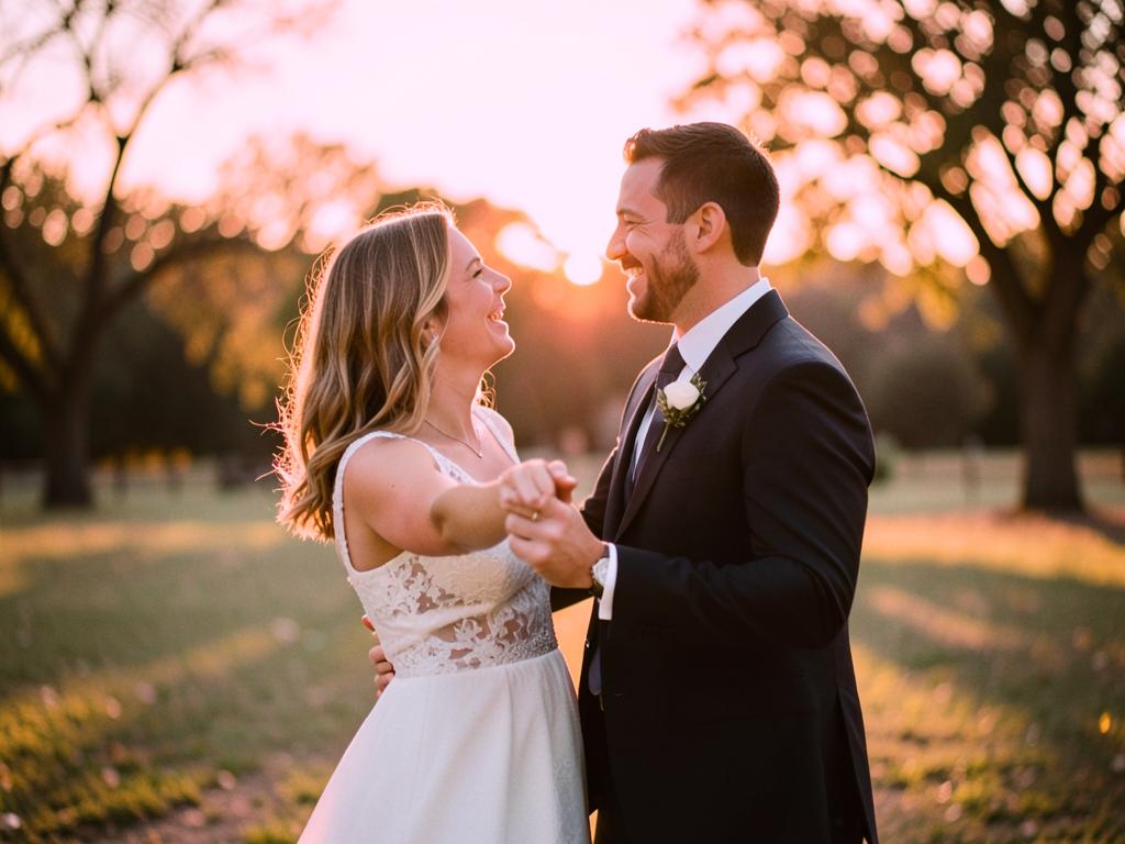 A couple dancing outdoors at golden hour